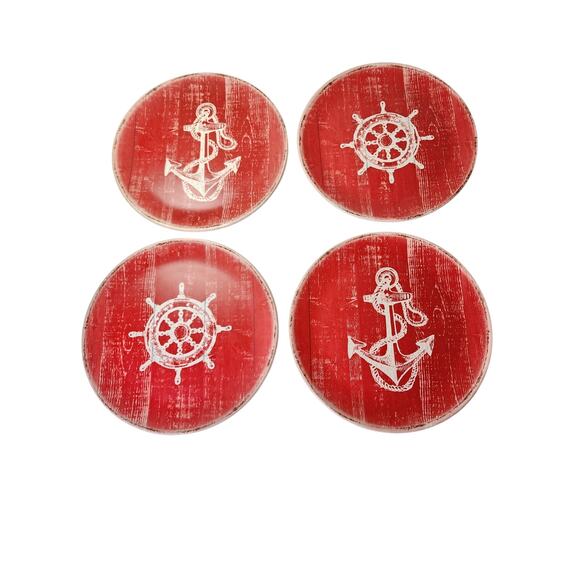 NAUTICA Red White Ocean Life Distressed Look Melamine Dinner Plates Set of 4 - Picture 1 of 6